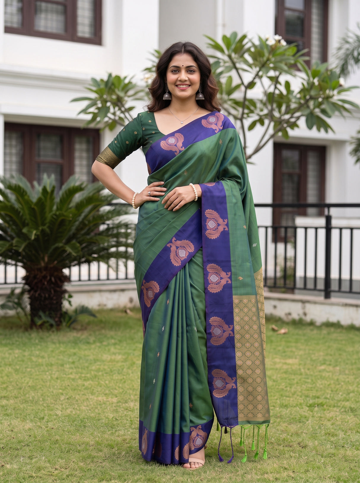 MIMOSA Green Kanjivaram Art silk Saree — model's mid-section and saree drape