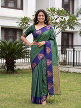 MIMOSA Green Kanjivaram Art silk Saree — model's mid-section and saree drape