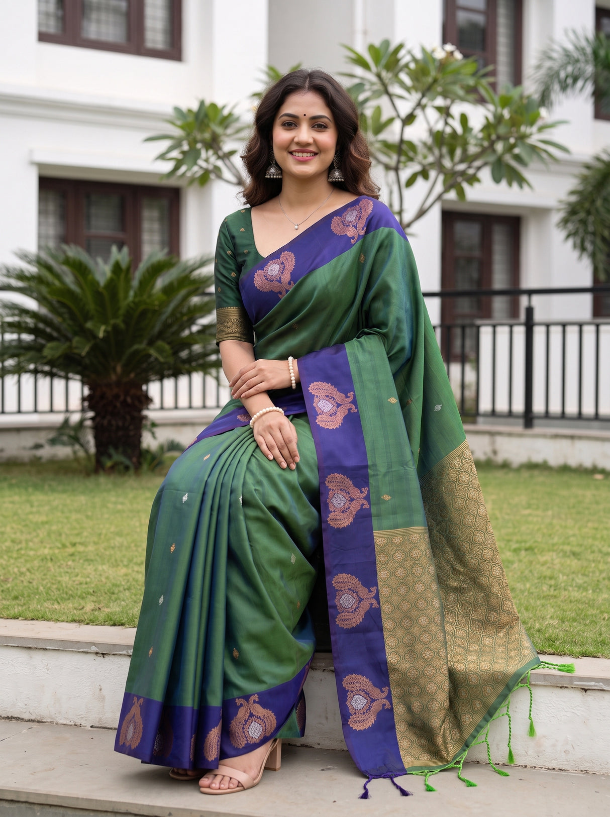 MIMOSA Green Kanjivaram Art silk Saree — close-up of model's hand with bracelet