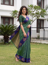 MIMOSA Green Kanjivaram Art silk Saree — close-up of saree pallu with tassels