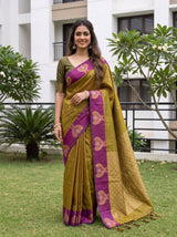 MIMOSA Olive Kanjivaram Art silk Saree — close-up of saree pallu with tassels