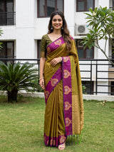 MIMOSA Olive Kanjivaram Art silk Saree — AI model lifestyle pose