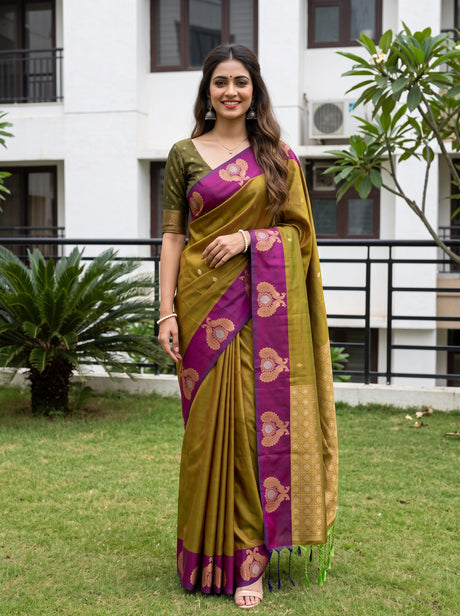 MIMOSA Olive Kanjivaram Art silk Saree — AI model lifestyle pose