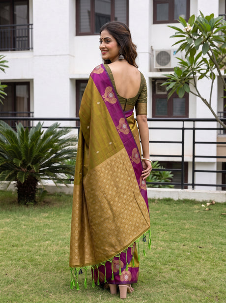 MIMOSA Olive Kanjivaram Art silk Saree — close-up of model's face