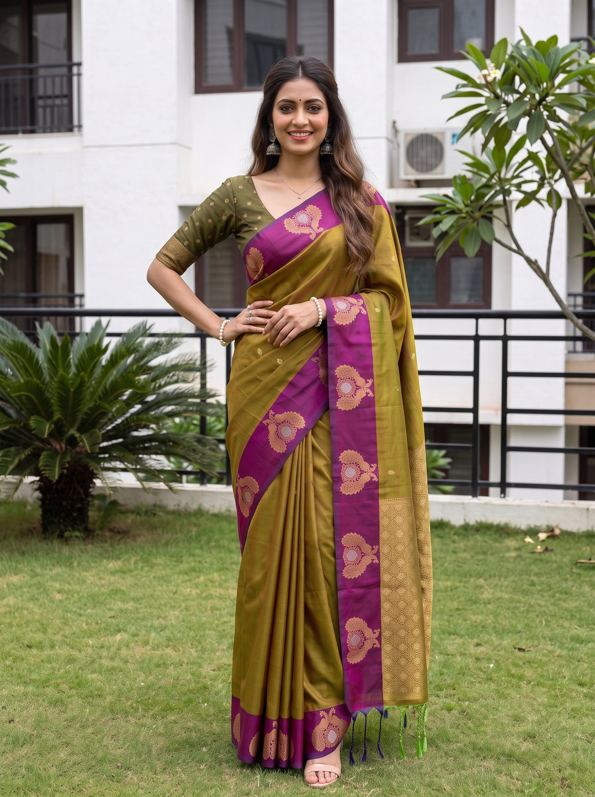 MIMOSA Olive Kanjivaram Art silk Saree — model's upper body and saree detail