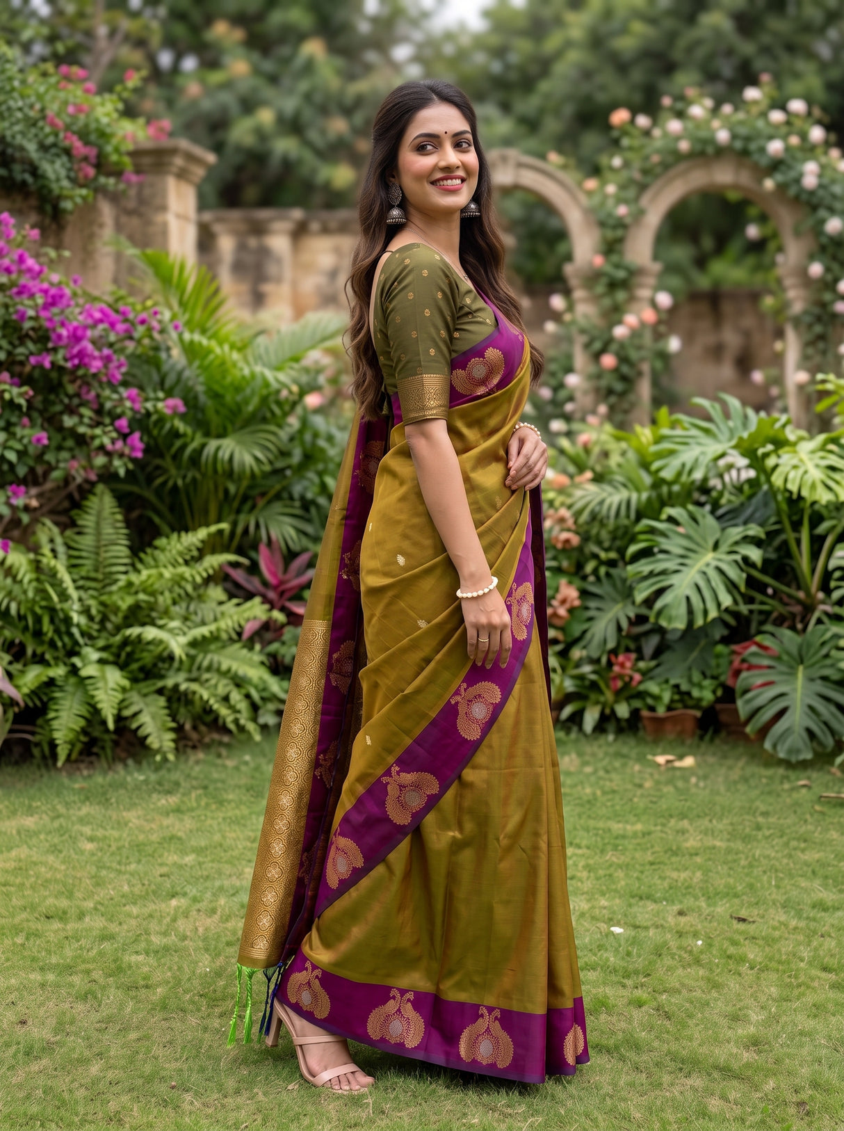 MIMOSA Olive Kanjivaram Art silk Saree — model's mid-section and saree drape