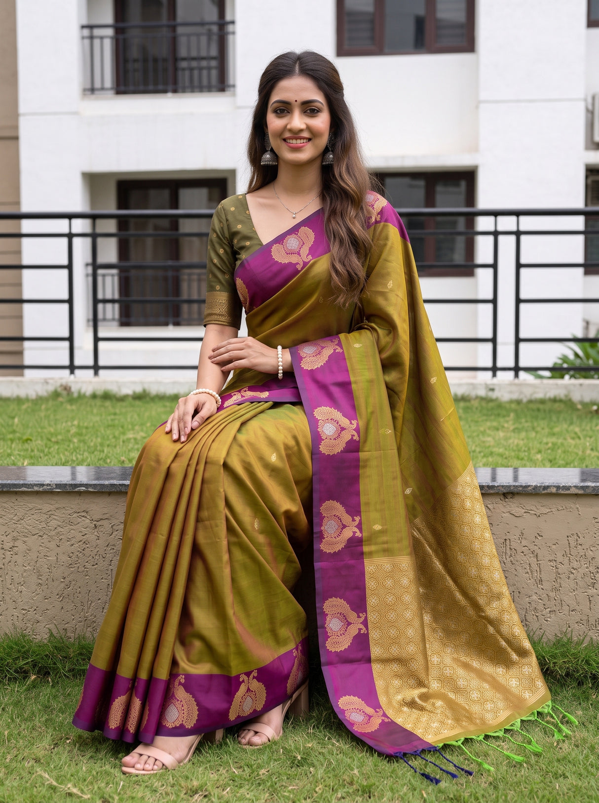 MIMOSA Olive Kanjivaram Art silk Saree — full saree shot, pallu and body