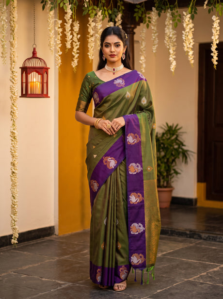 MIMOSA Green Kanjivaram Art silk Saree — front view on mannequin
