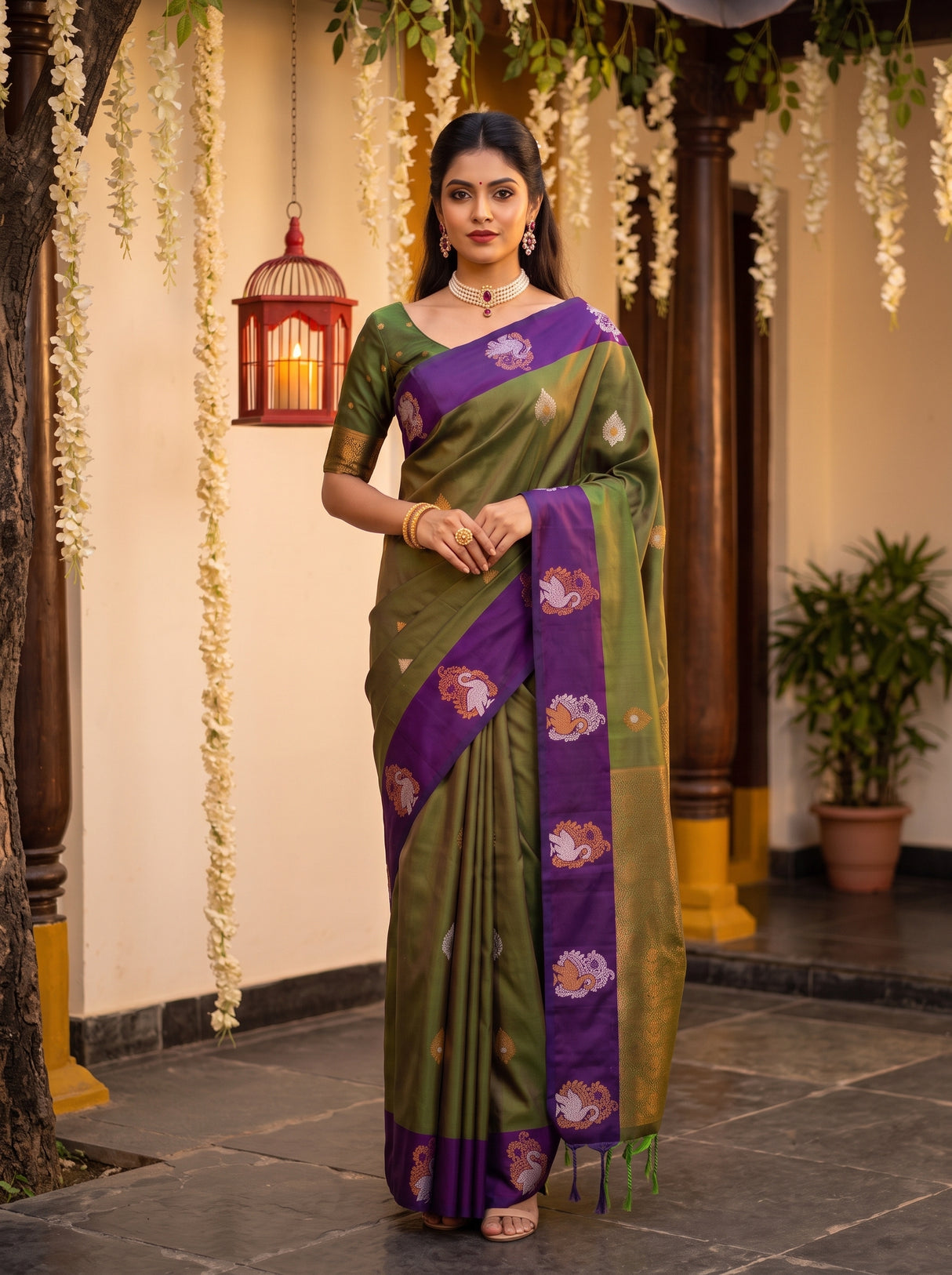 MIMOSA Green Kanjivaram Art silk Saree — pose 4 styling detail