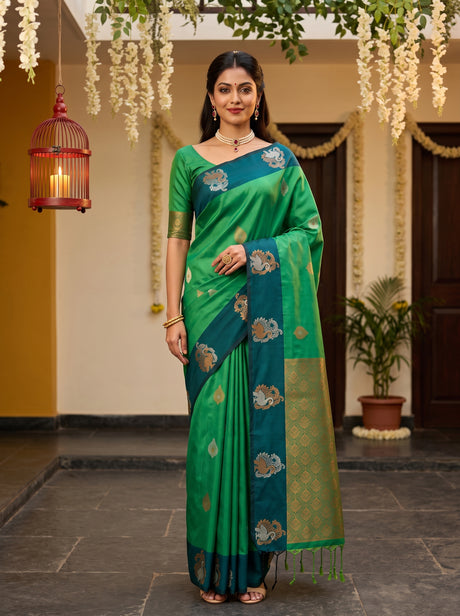 MIMOSA Rama Kanjivaram Art silk Saree — front view on mannequin