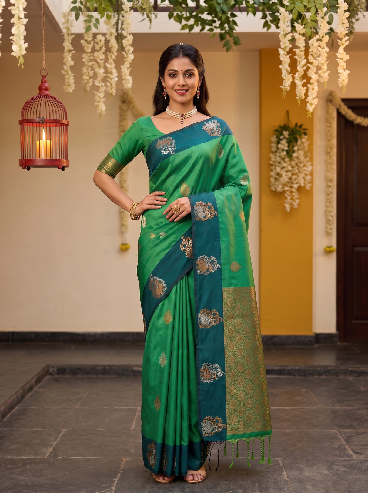 MIMOSA Rama Kanjivaram Art silk Saree — pose 4 styling detail
