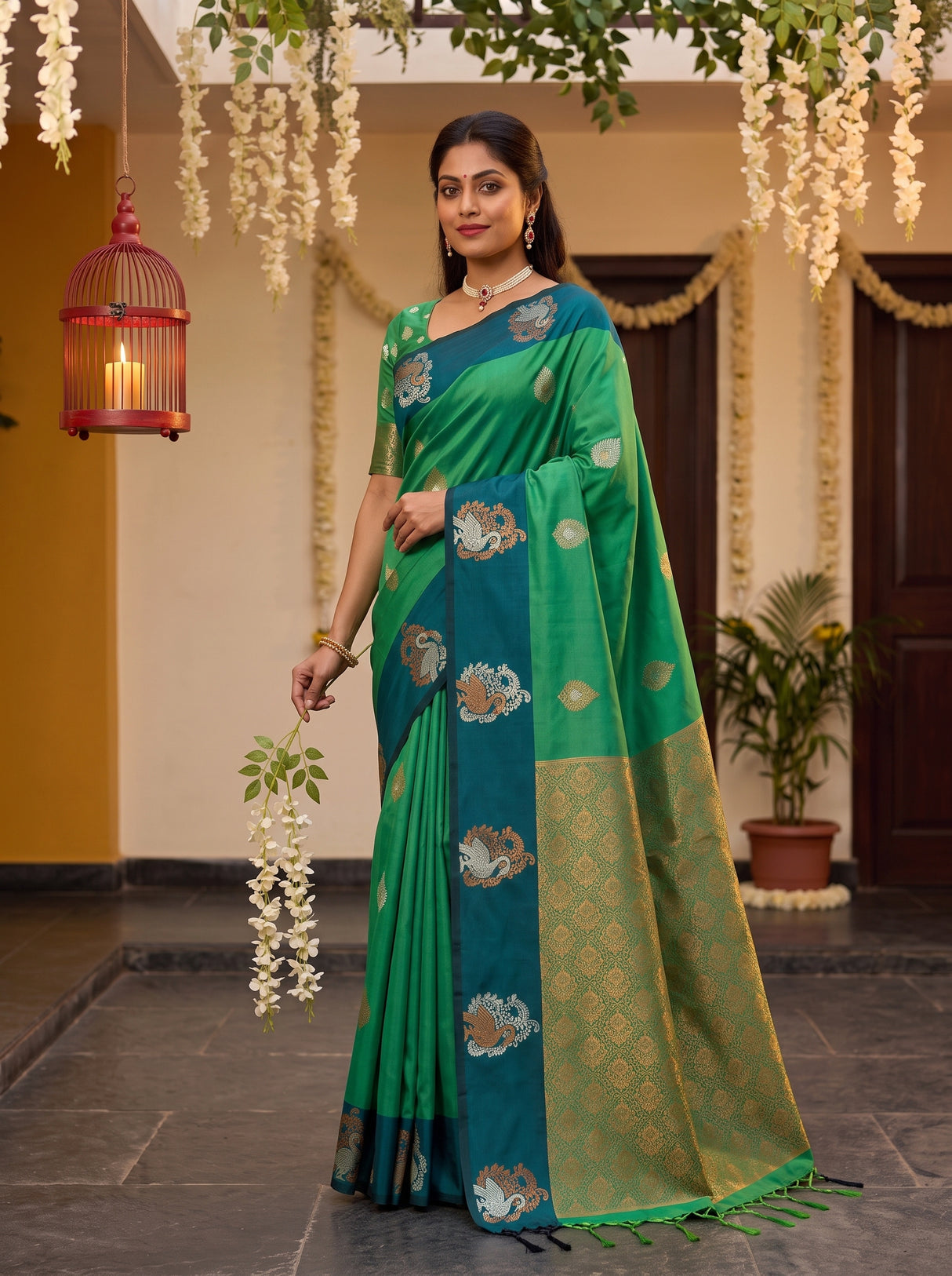 MIMOSA Rama Kanjivaram Art silk Saree — pose 7 styling detail
