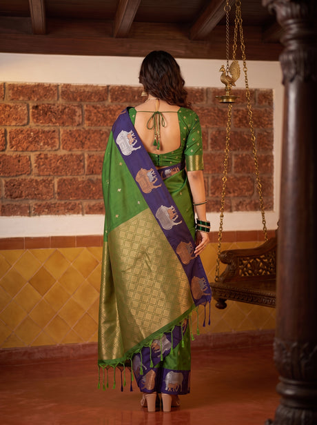 MIMOSA Green Kanjivaram Art silk Saree — Saree shot pallu and body
