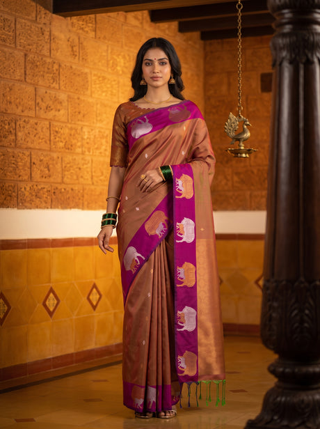 MIMOSA Rani Kanjivaram Art silk Saree — AI Model lifestyle pose