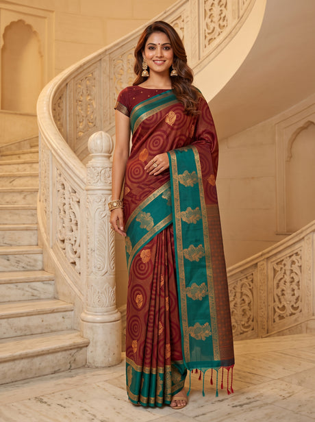 MIMOSA Maroon Saree Saree — front view on mannequin