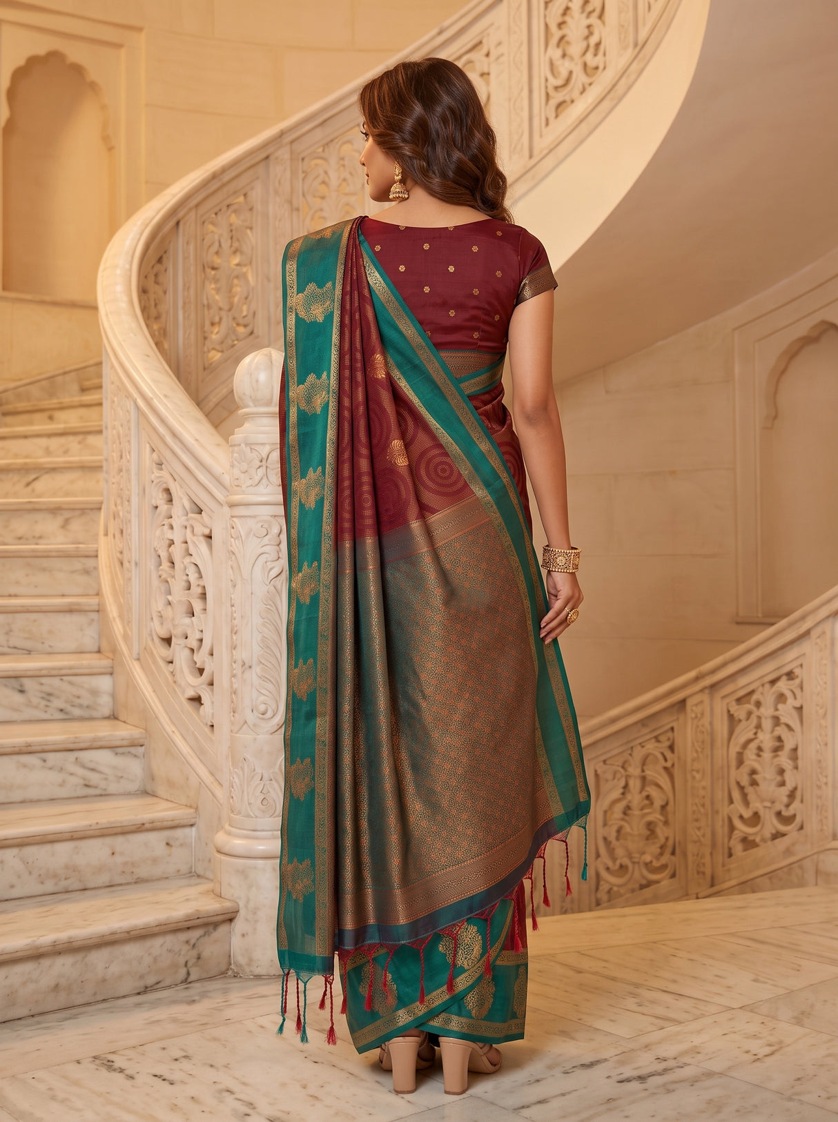 MIMOSA Maroon Saree Saree — pose 2 styling detail