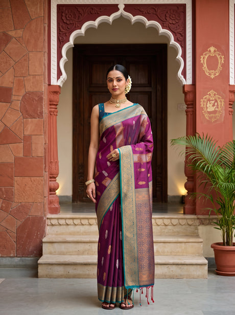 MIMOSA Wine Saree Saree — front view on mannequin