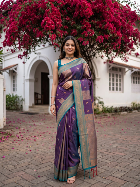 MIMOSA Navy Kanjivaram Art silk Saree — model standing outdoors