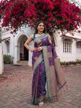 MIMOSA Navy Kanjivaram Art silk Saree — full length view of saree and model's feet