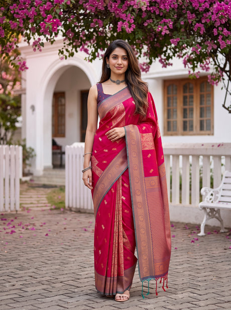 MIMOSA Rani Kanjivaram Art silk Saree — model standing outdoors