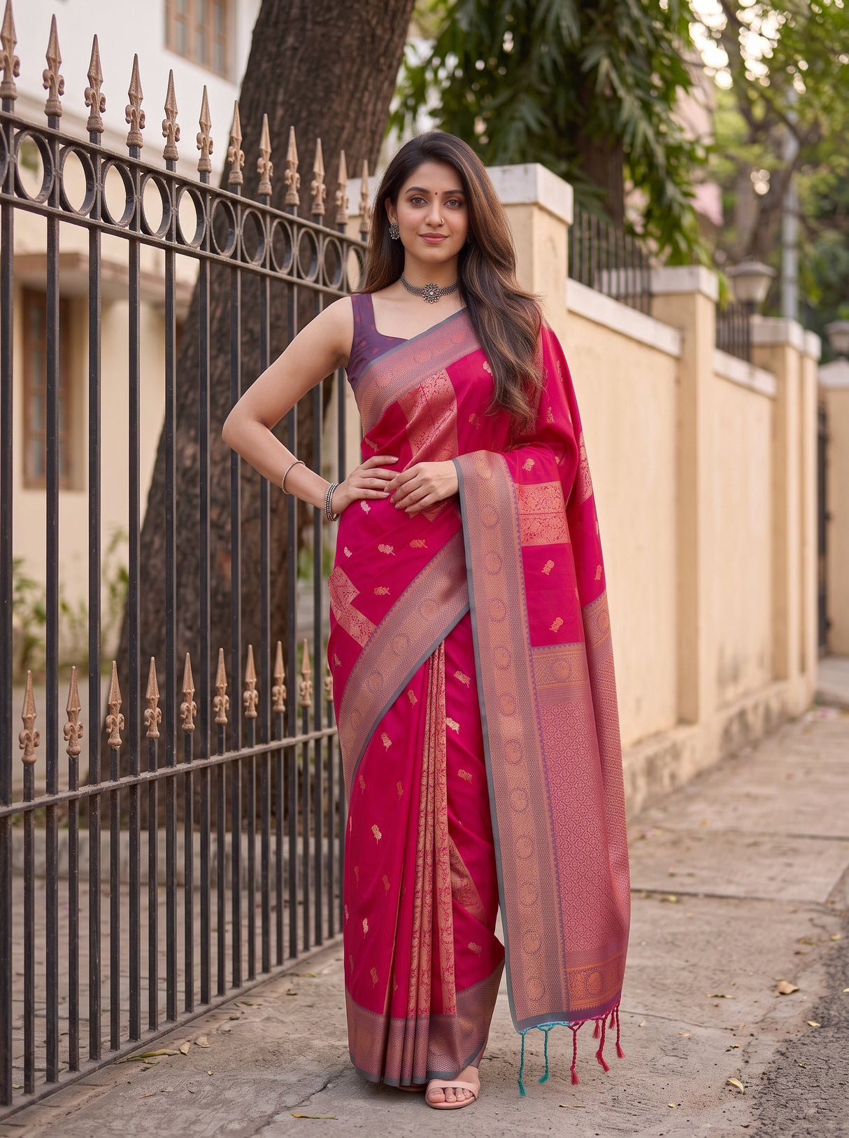 MIMOSA Rani Kanjivaram Art silk Saree — close up of saree drape and border