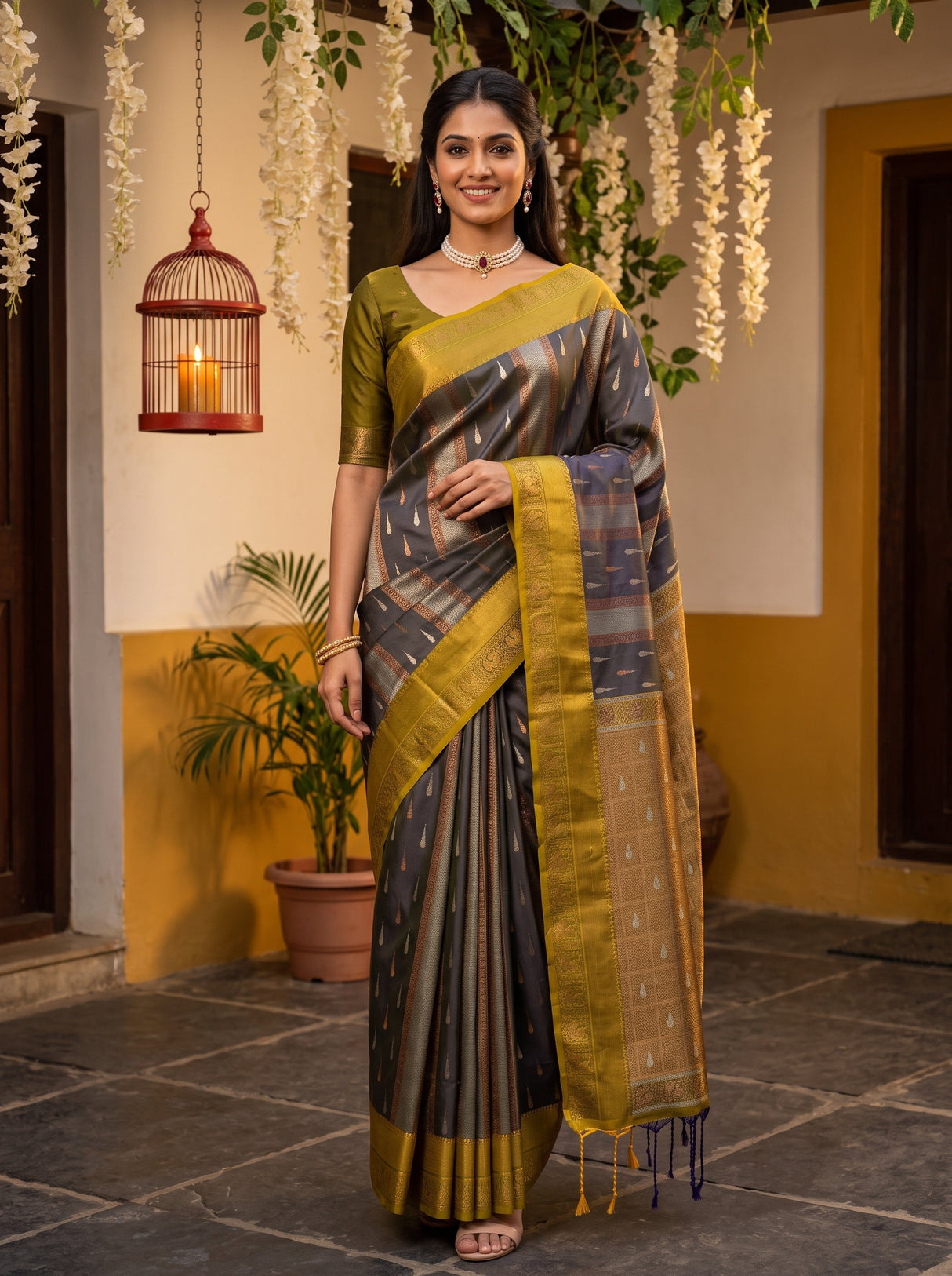 MIMOSA Navy Kanjivaram Art silk Saree — AI Model lifestyle pose 1