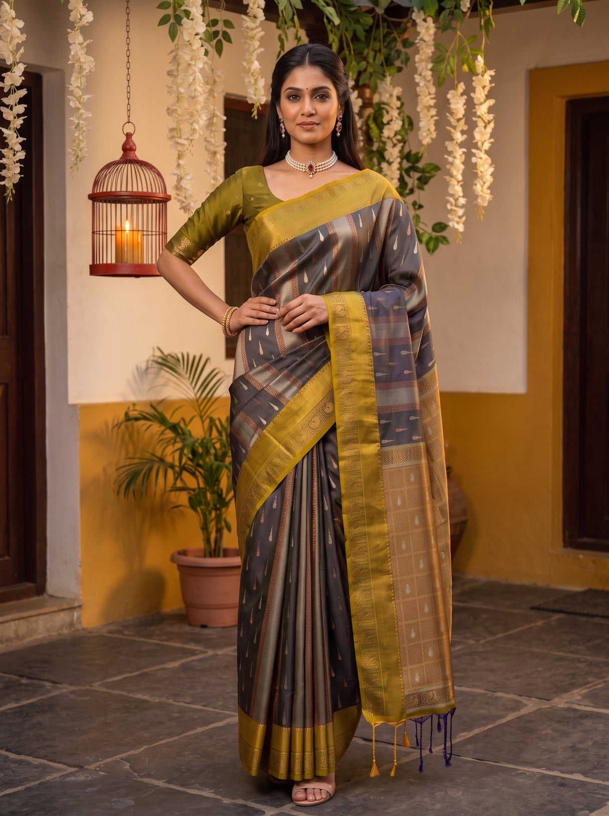 MIMOSA Navy Kanjivaram Art silk Saree — pose 4 styling detail