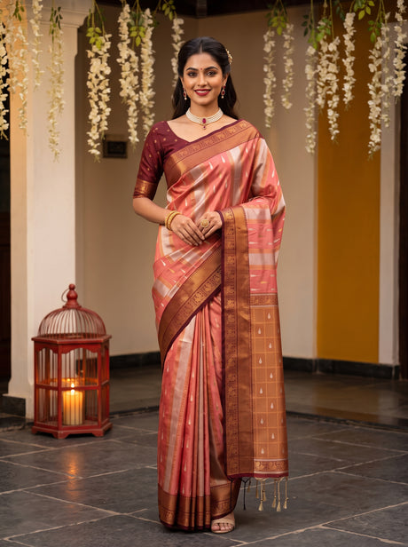 MIMOSA Peach Kanjivaram Art silk Saree — AI Model lifestyle pose 1