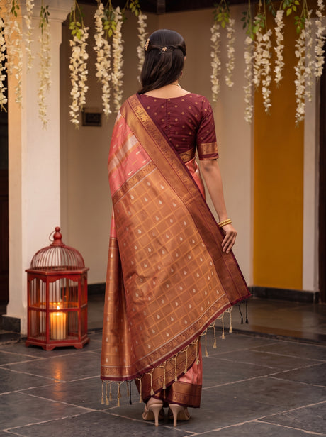 MIMOSA Peach Kanjivaram Art silk Saree — Saree shot pallu body