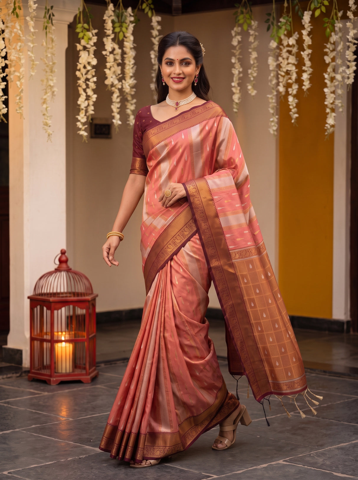 MIMOSA Peach Kanjivaram Art silk Saree — pose 6 styling detail
