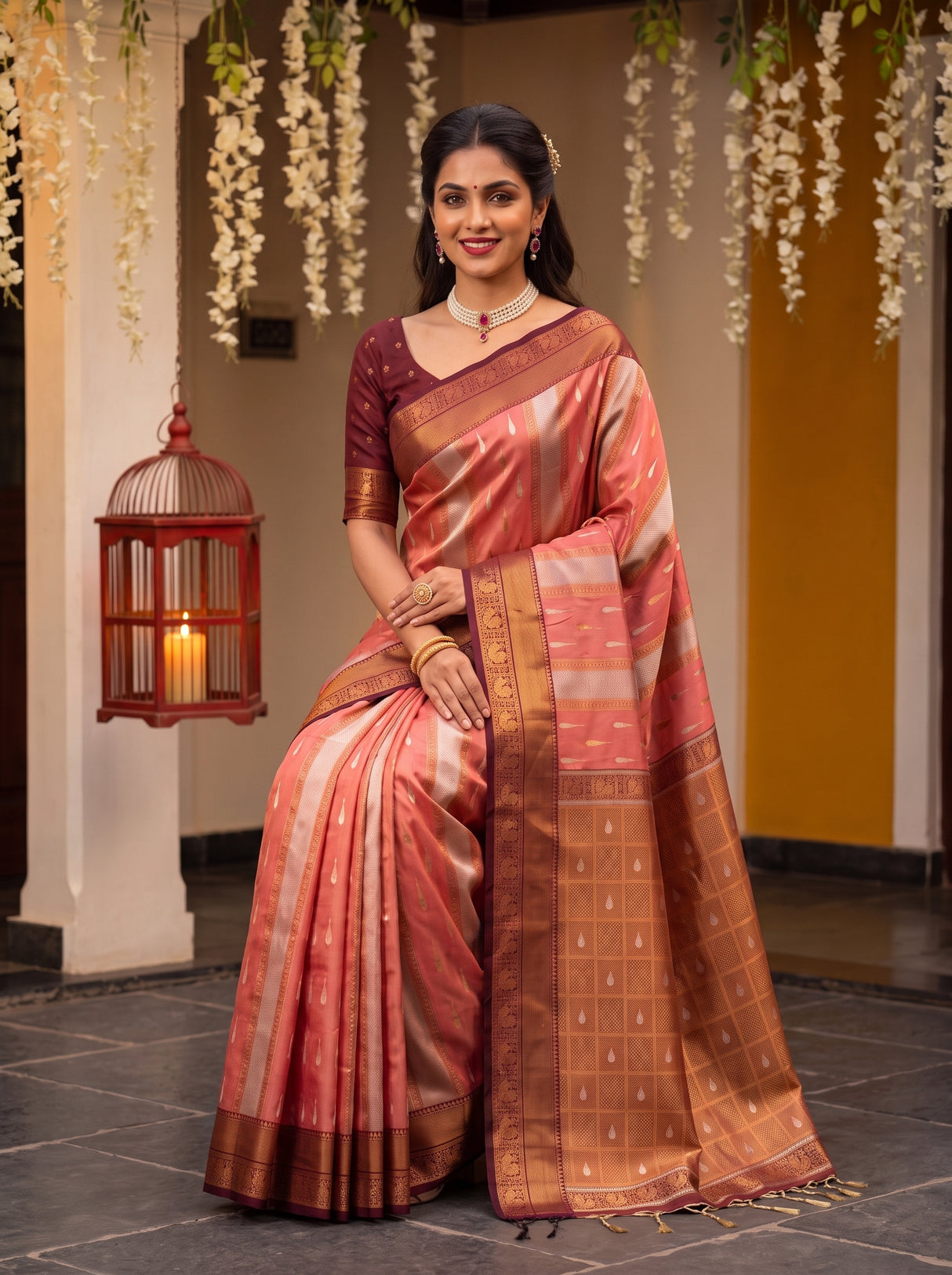 MIMOSA Peach Kanjivaram Art silk Saree — pose 8 styling detail