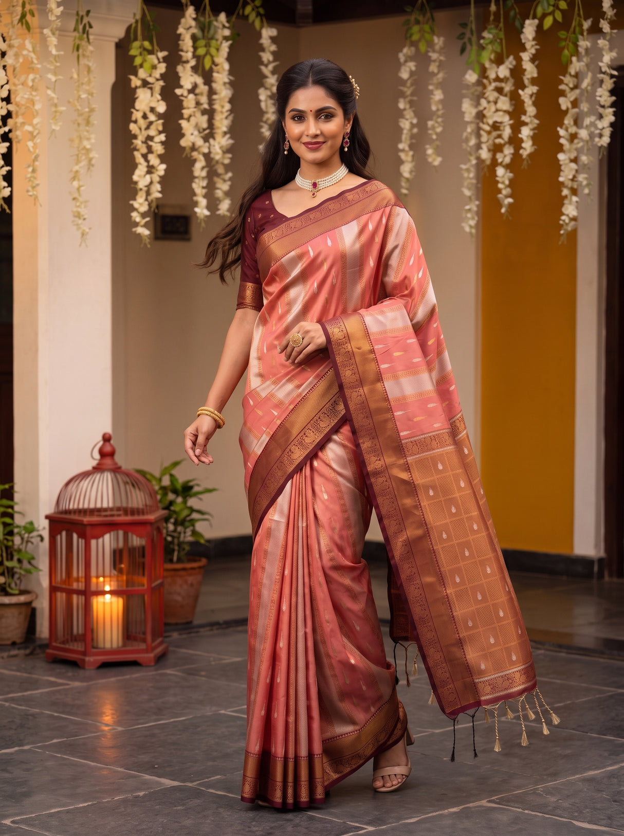 MIMOSA Peach Kanjivaram Art silk Saree — pose 9 styling detail