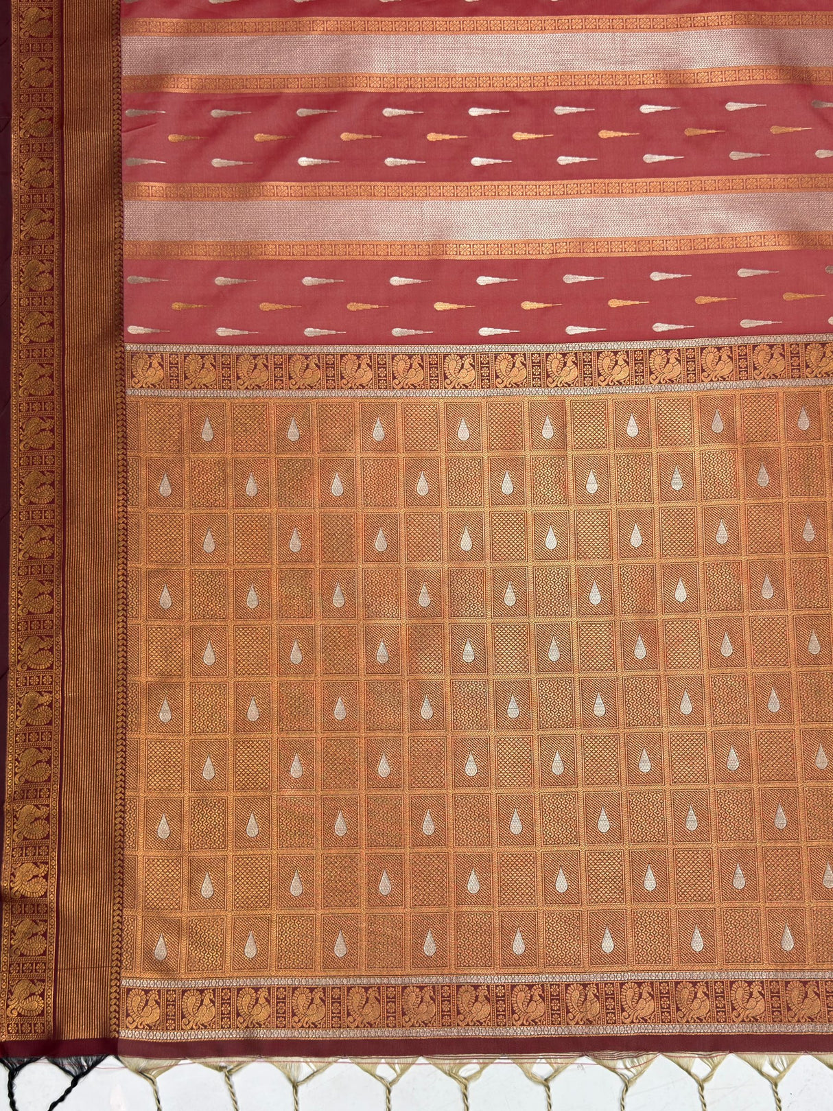 MIMOSA Peach Kanjivaram Art silk Saree — pallu and zari work detail