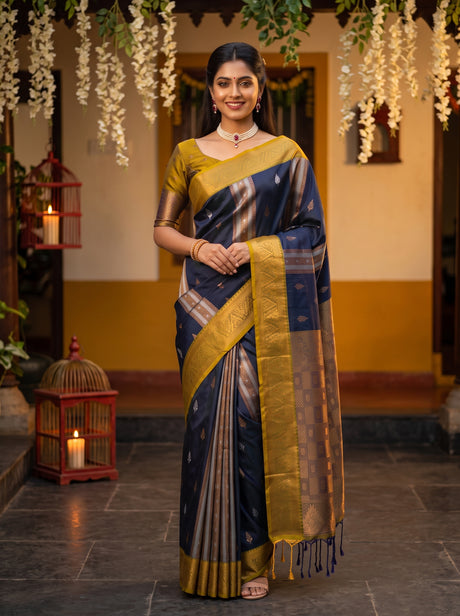 MIMOSA Navy Kanjivaram Art silk Saree — AI Model lifestyle pose 1