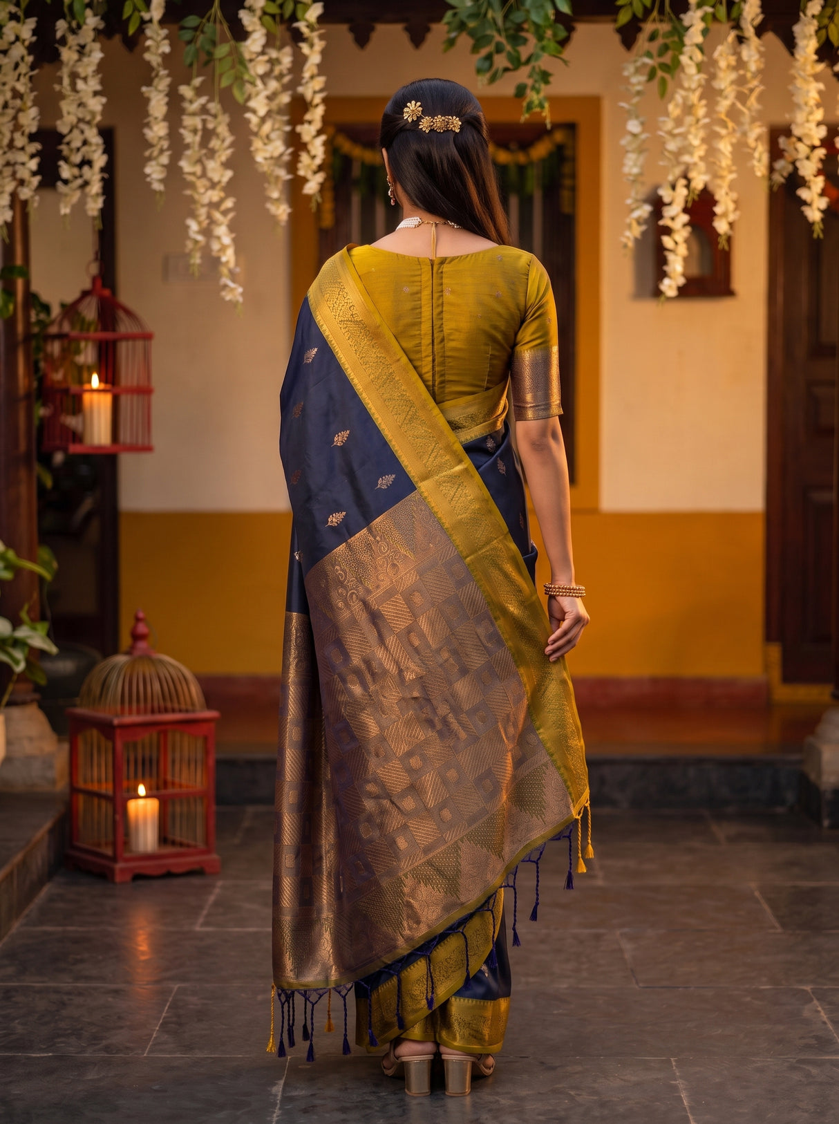 MIMOSA Navy Kanjivaram Art silk Saree — Saree shot pallu and body