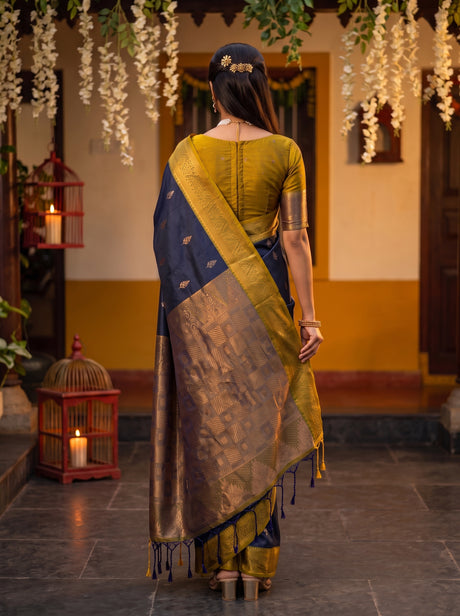 MIMOSA Navy Kanjivaram Art silk Saree — Saree shot pallu and body