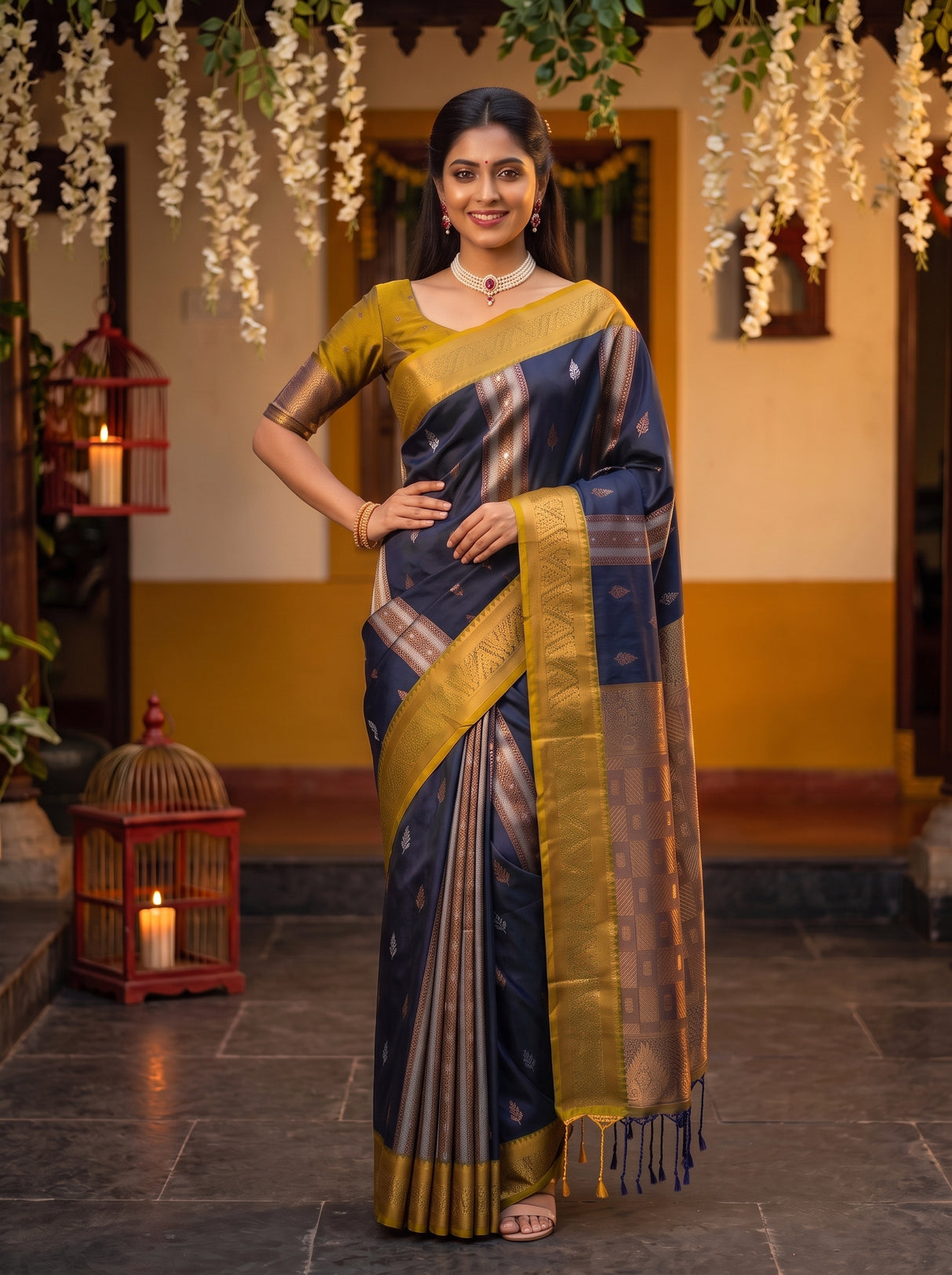 MIMOSA Navy Kanjivaram Art silk Saree — pose 4 styling detail