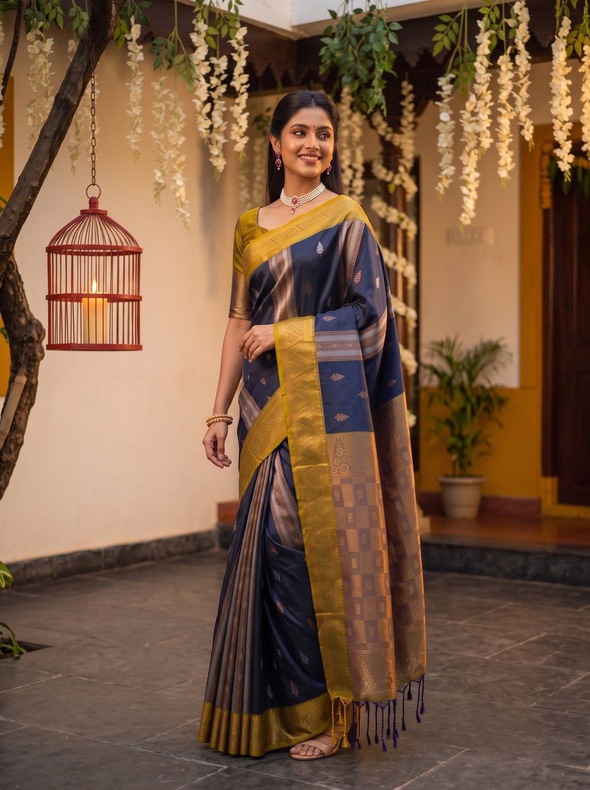 MIMOSA Navy Kanjivaram Art silk Saree — pose 5 styling detail