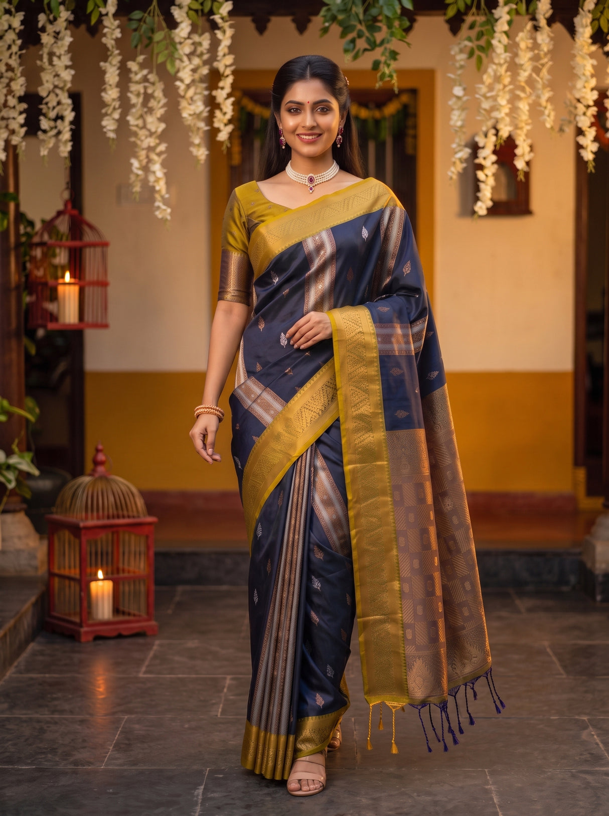 MIMOSA Navy Kanjivaram Art silk Saree — pose 6 styling detail