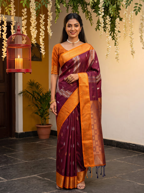 MIMOSA Wine Kanjivaram Art silk Saree — AI Model lifestyle pose 1