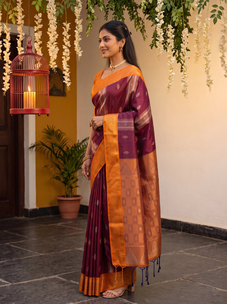 MIMOSA Wine Kanjivaram Art silk Saree — Saree shot pallu and body