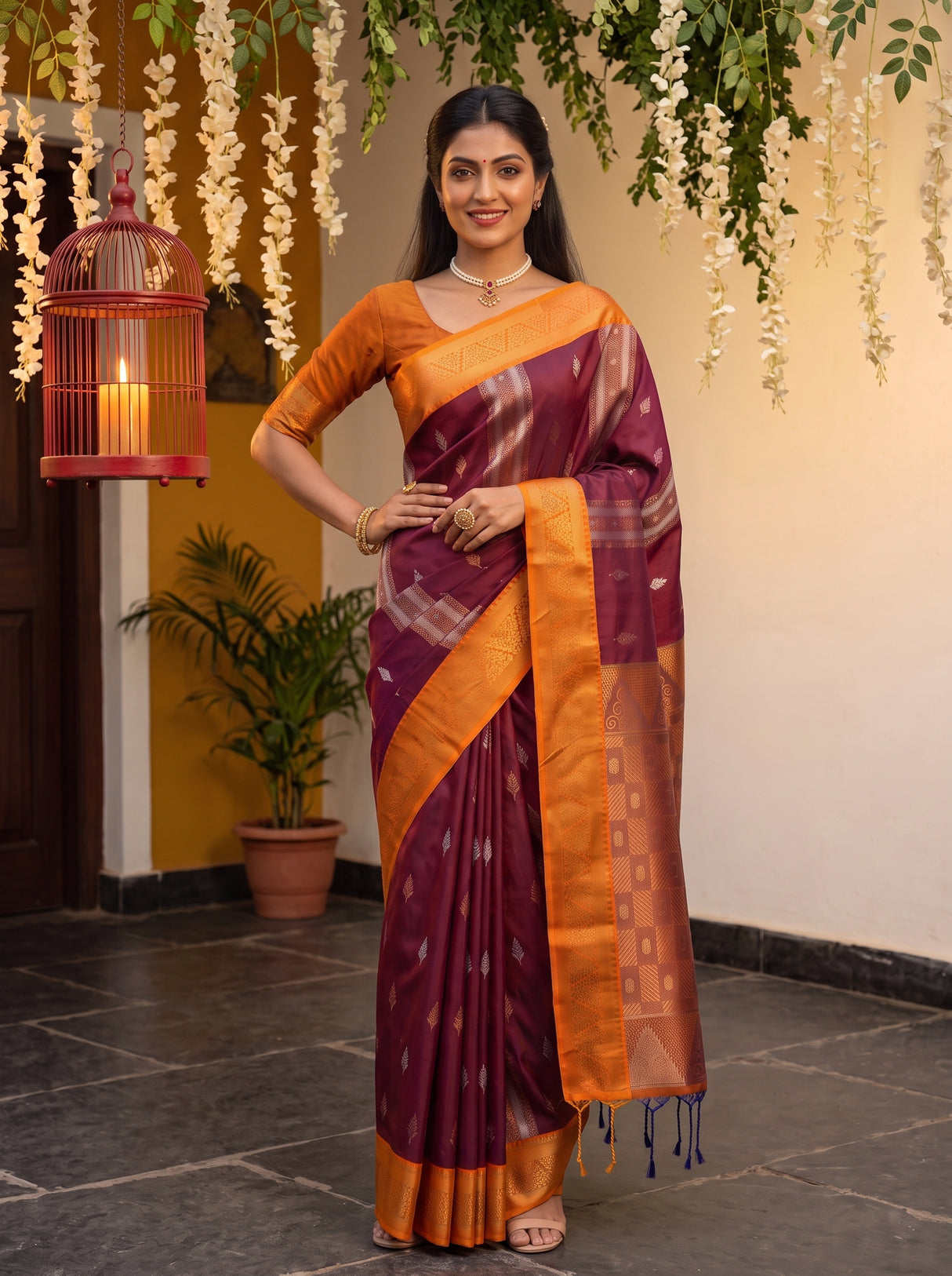 MIMOSA Wine Kanjivaram Art silk Saree — pose 4 styling detail