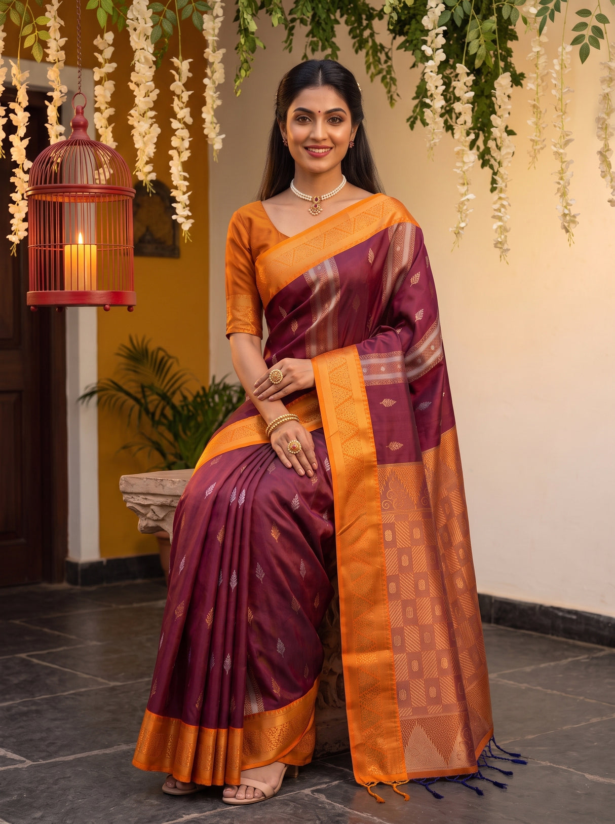 MIMOSA Wine Kanjivaram Art silk Saree — pose 8 styling detail