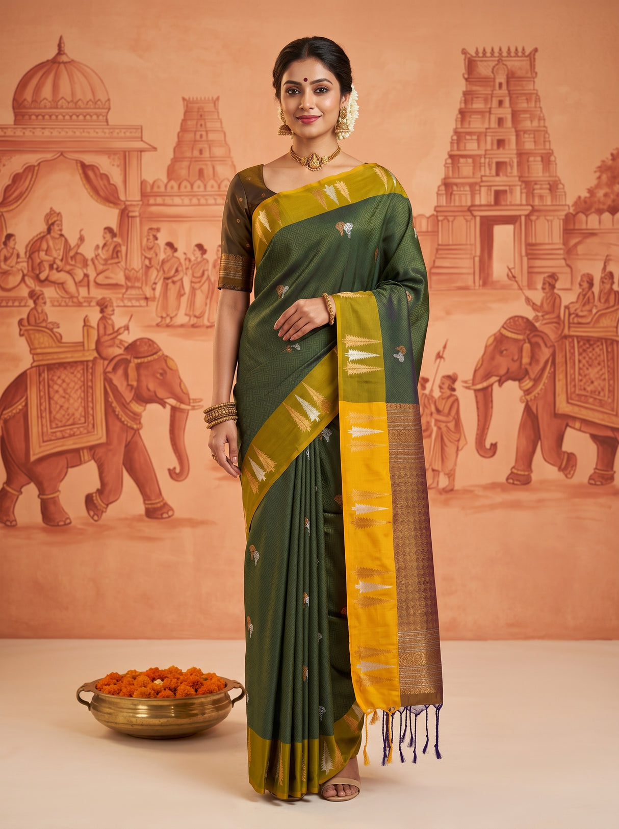 MIMOSA Bottle Green Saree Saree — front view on mannequin