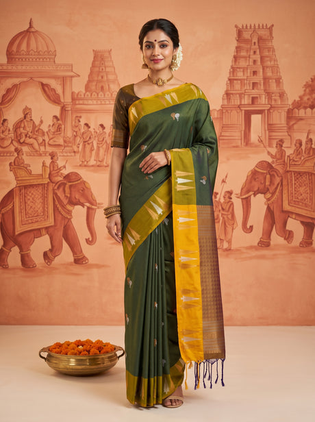 MIMOSA Bottle Green Saree Saree — front view on mannequin