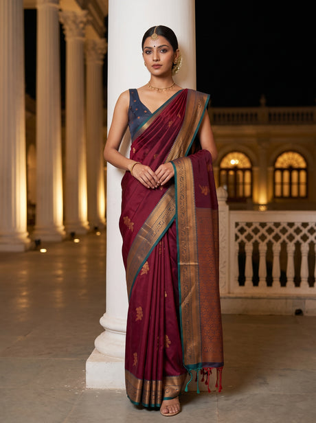 MIMOSA Maroon Saree Saree — front view on mannequin