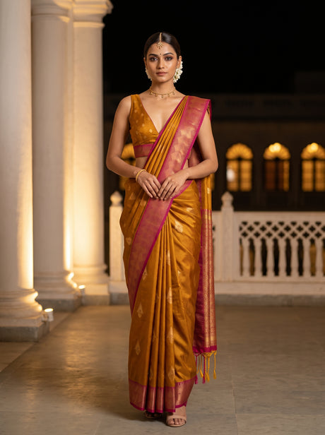 MIMOSA Mustard Saree Saree — front view on mannequin