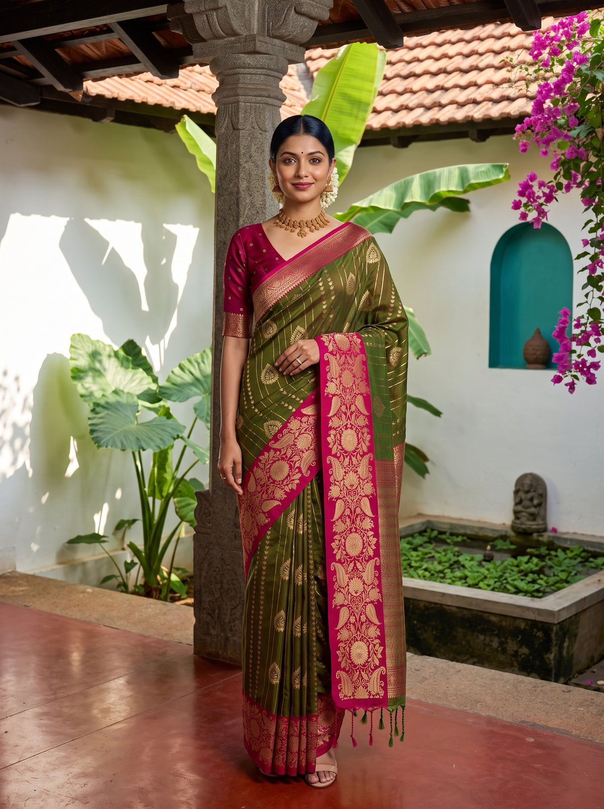 MIMOSA Olive Saree Saree — front view on mannequin
