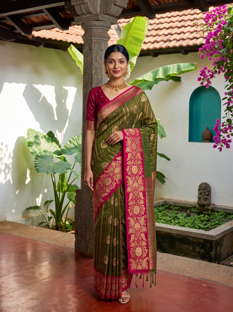 MIMOSA Olive Saree Saree — front view on mannequin