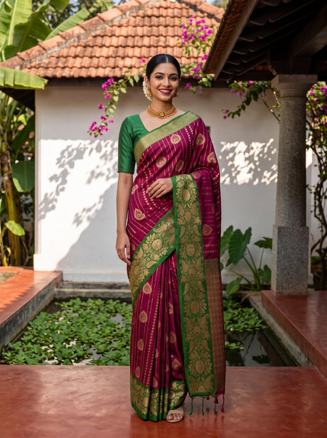 MIMOSA Wine Saree Saree — front view on mannequin